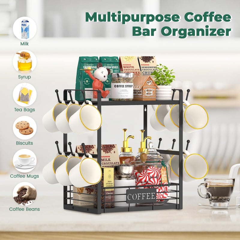 EsLuker.ly Coffee Mug Cup Holder Tree Bar Station Organizer, 2 Tier Mug Stand Rack for Countertop Kitchen, Storage Tower Display Shelf with 12 Hooks, Coffee Nook Enhancer, Black - Image 4
